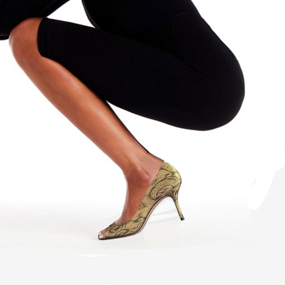 CASADEI Leather Gold & Black Lace Peep-toe 3.5Stiletto Heels Sz 10 Made in Italy